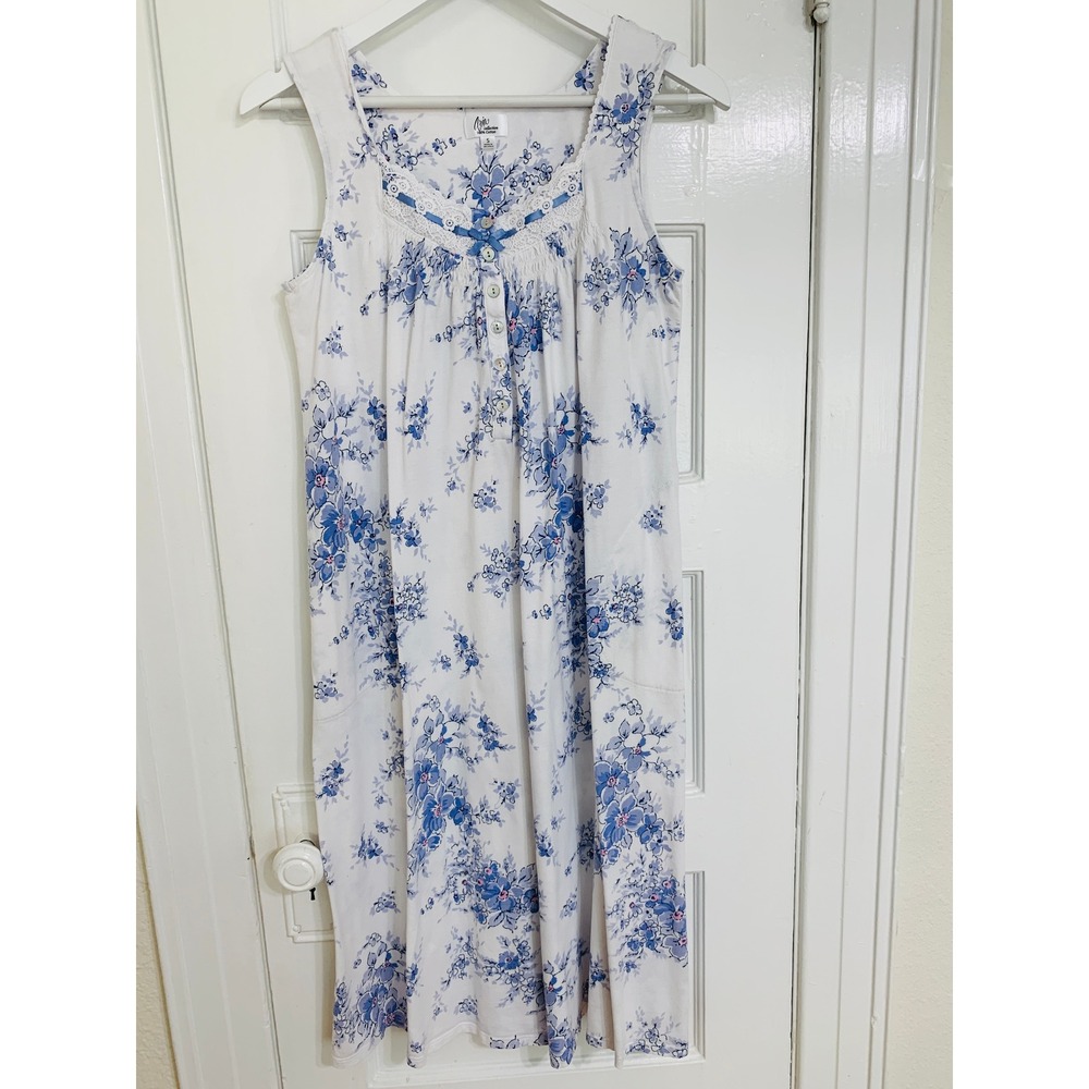 Aria Blue Floral 100% Cotton Jersey Chemise Nightgown S Sleeveless Pockets - Picture 4 of 16